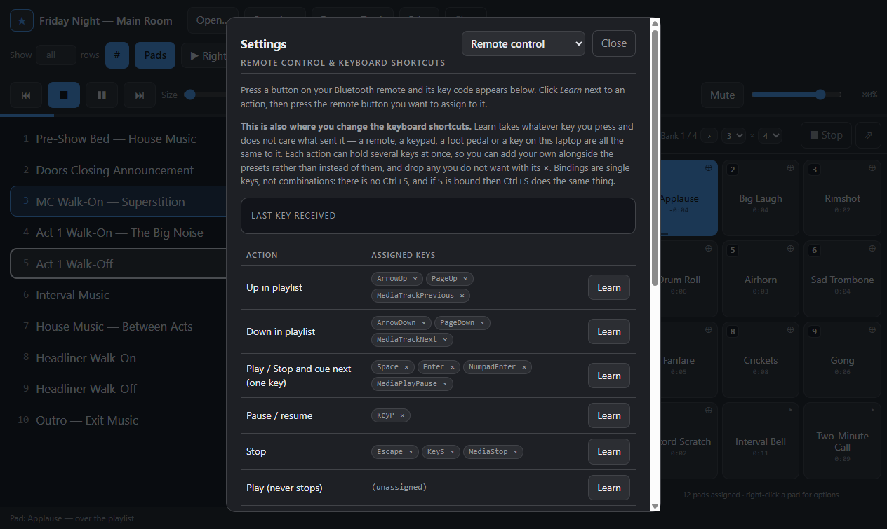 Press a button, read its code, click Learn beside the action you want it to do.