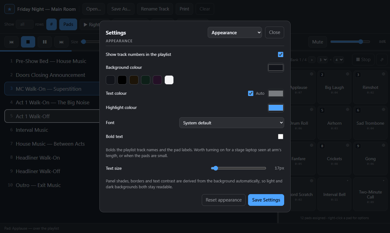 Including the text size, which scales the playlist rows from 12 to 160 pixels without moving a single control, and a bold setting that thickens the track names and pad labels for a screen read at arm’s length.